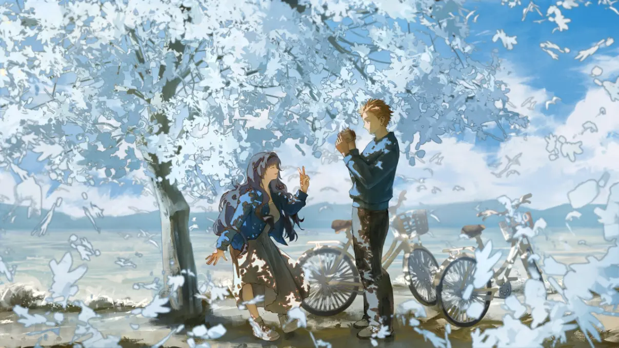 Original illustration — a couple in matching blue under a white blossoming tree, a bicycle and blue sky behind them.