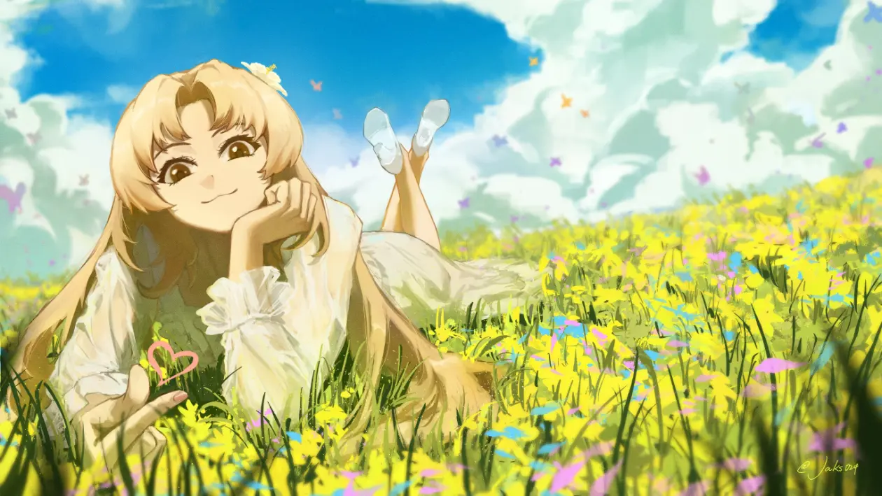 Original illustration — a gold-haired girl lying in a field of yellow flowers under a white-clouded blue sky.