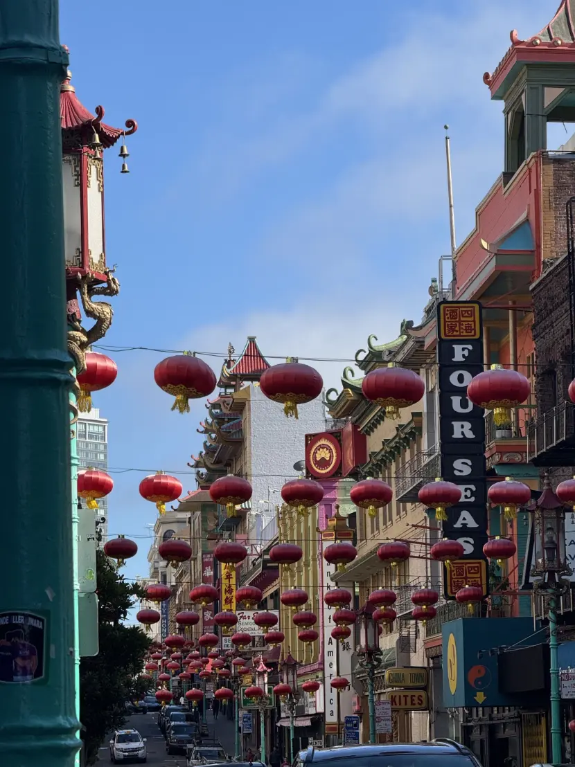 A lantern-strung Chinatown street.